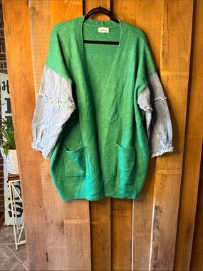 ADORA Emerald Green Open-Front Cardigan with Light Denim Sleeves